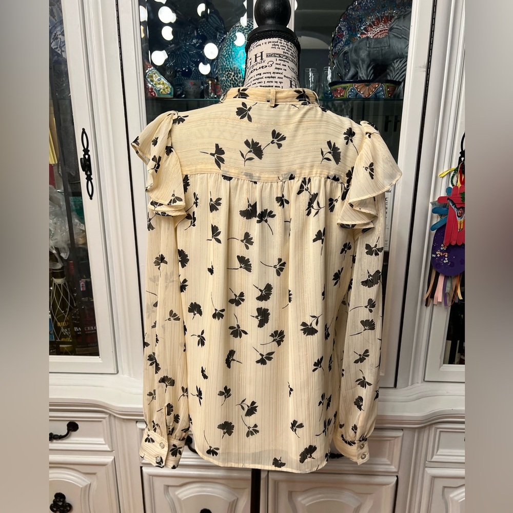 DKNY Ivory Blouse with Black Leaf Print and Gold Thread M - Picture 6 of 13